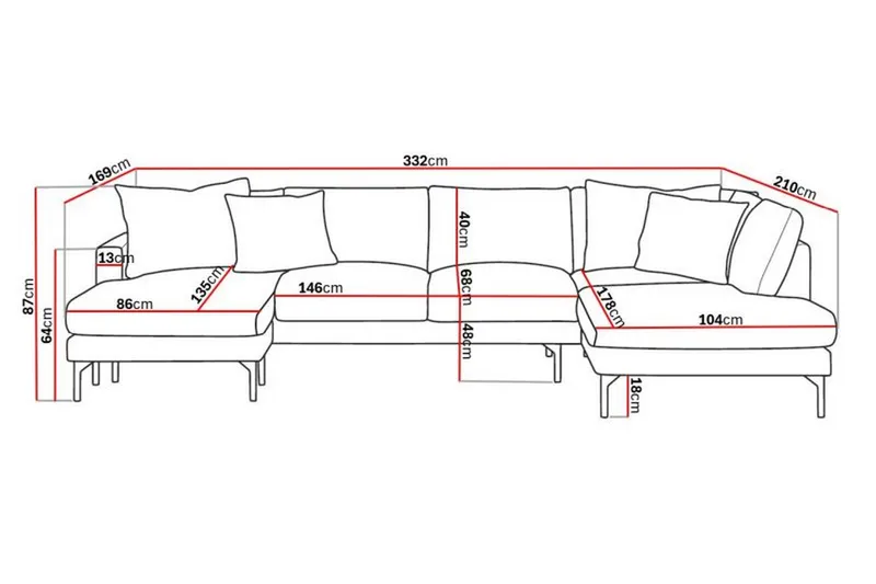 Menard 4-seters Høyrevendt Stor U-formet Dyp Sofa med Divan og Sjeselong i Stoff - Grå - Møbler - Sofaer - U-sofa