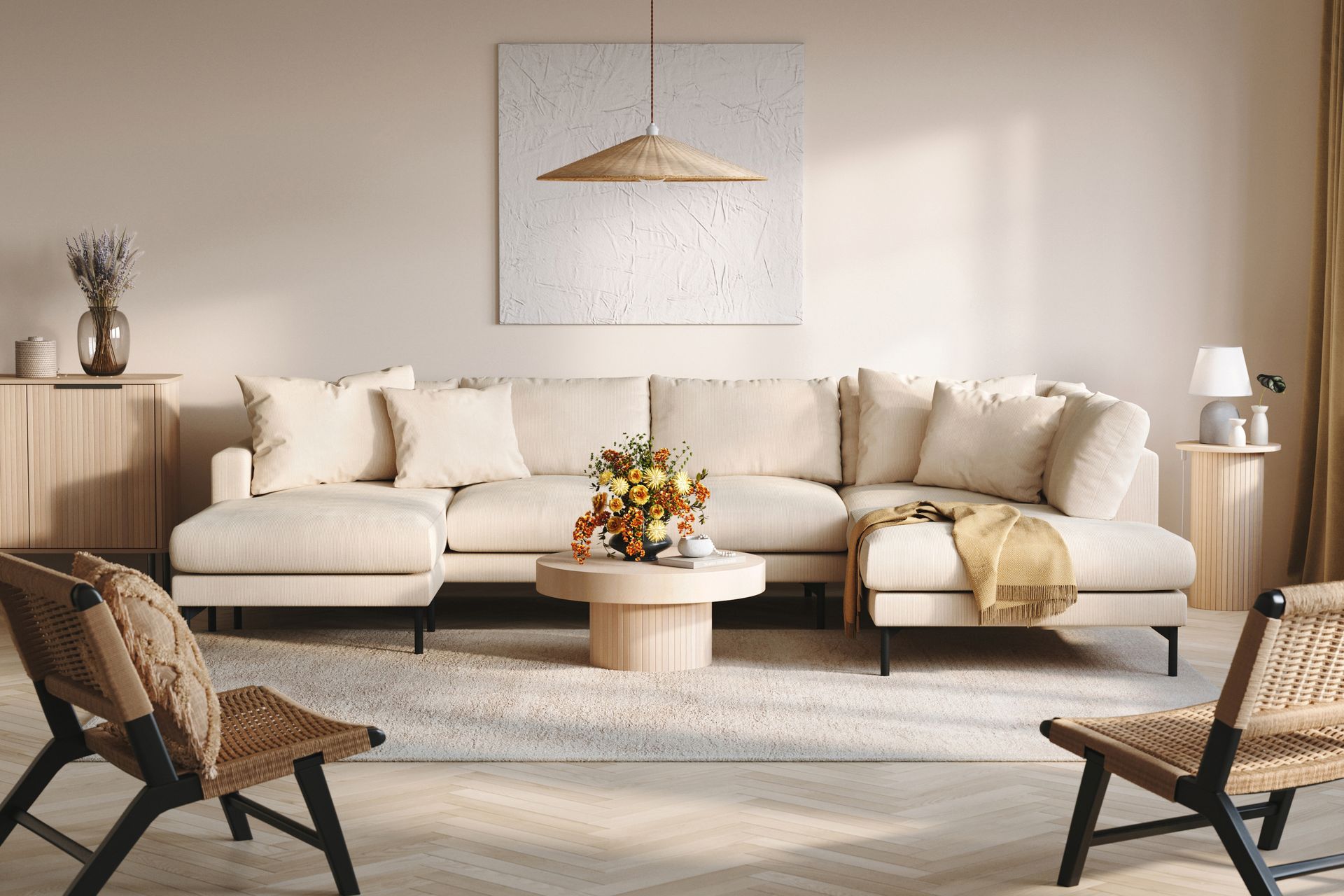Menard 4-seters Høyrevendt U-formet Sofa med Divan og Sjeselong i Manchester - Beige - Møbler - Sofaer - U-sofa