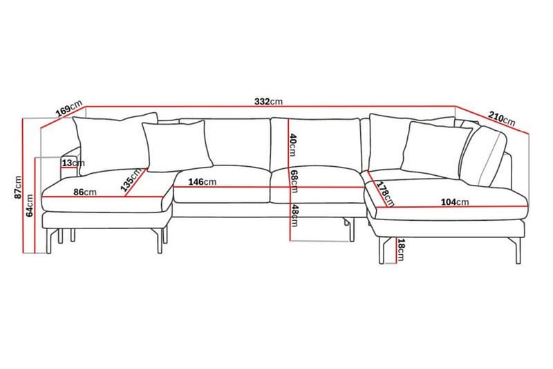 Menard 4-seters Høyrevendt U-formet Sofa med Divan og Sjeselong i Stoff - Grå - Møbler - Sofaer - U-sofa