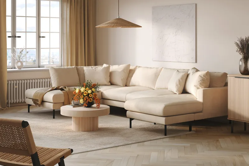 Menard 4-seters Venstrevendt Stor U-formet Dyp Large Sofa med Divan og Sjeselong i Manchester - Beige - Møbler - Sofaer - U-sofa