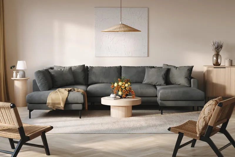 Menard 4-seters Venstrevendt Stor U-formet Dyp Sofa med Divan og Sjeselong i Manchester - Grå - Møbler - Sofaer - U-sofa