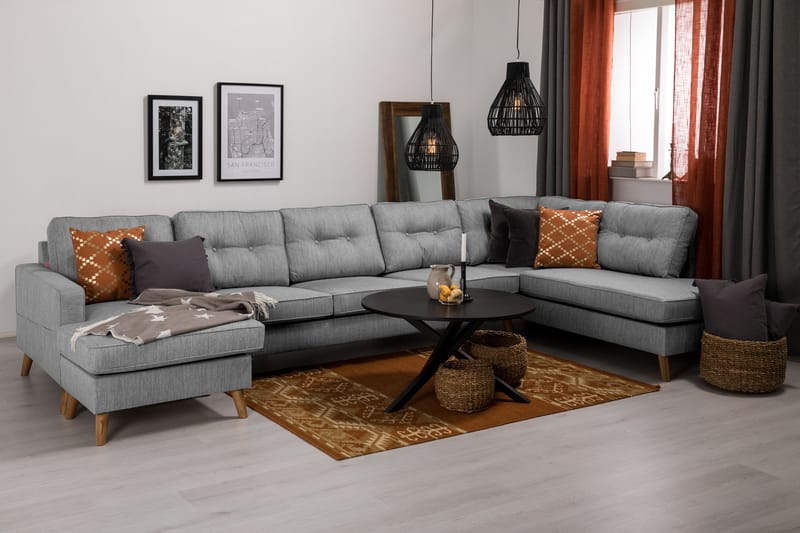 Monroe 6-seters Høyrevendt U-formet Large Sofa med Divan og Sjeselong i Stoff - Grå - Møbler - Sofaer - U-sofa