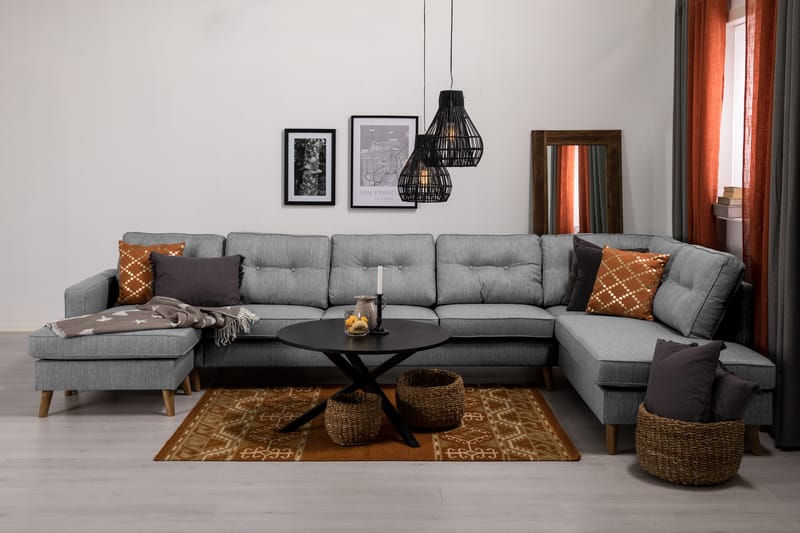 Monroe 6-seters Høyrevendt U-formet Large Sofa med Divan og Sjeselong i Stoff - Grå - Møbler - Sofaer - U-sofa