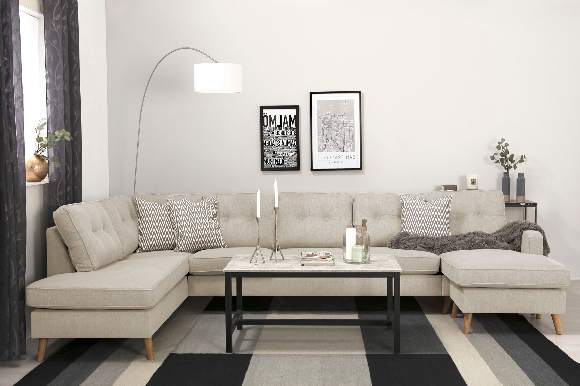 Monroe 6-seters Venstrevendt U-formet Large Sofa med Divan og Sjeselong i Stoff - Beige - Møbler - Sofaer - U-sofa