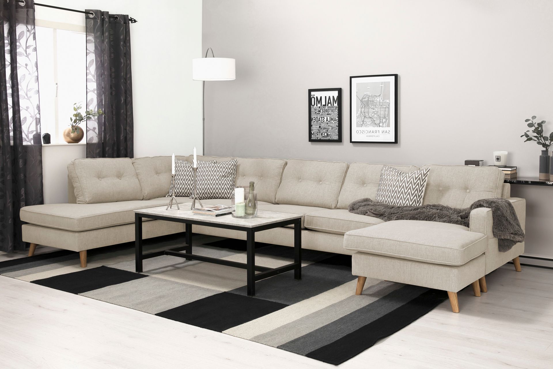 Monroe 6-seters Venstrevendt U-formet Large Sofa med Divan og Sjeselong i Stoff - Beige - Møbler - Sofaer - U-sofa