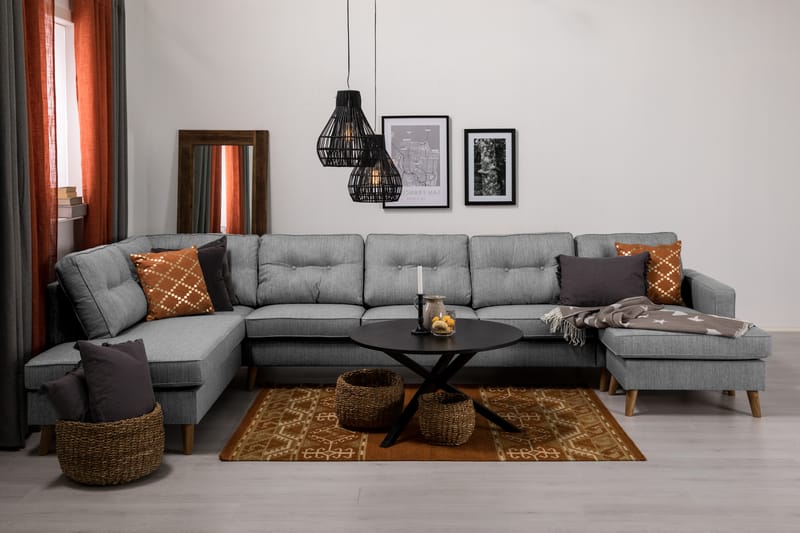 Monroe 6-seters Venstrevendt U-formet Large Sofa med Divan og Sjeselong i Stoff - Grå - Møbler - Sofaer - U-sofa