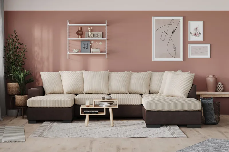 Ocean 4-seters Høyrevendt U-formet Sofa med Divan og Sjeselong i Manchester - Beige - Møbler - Sofaer - U-sofa