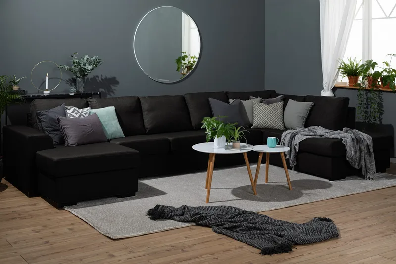 Ocean 4-seters Høyrevendt U-formet Sofa med Divan og Sjeselong i Stoff - Svart - Møbler - Sofaer - U-sofa