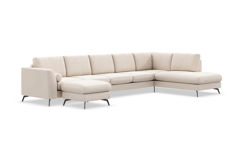 Ocean Lyx 6-seters Høyrevendt U-formet Sofa med Divan og Sjeselong + Fotskammel i Stoff - Beige - Møbler - Sofaer - U-sofa