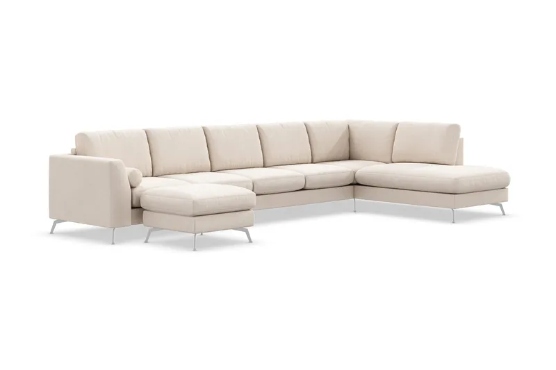 Ocean Lyx 6-seters Høyrevendt U-formet Sofa med Divan og Sjeselong + Fotskammel i Stoff - Beige - Møbler - Sofaer - U-sofa