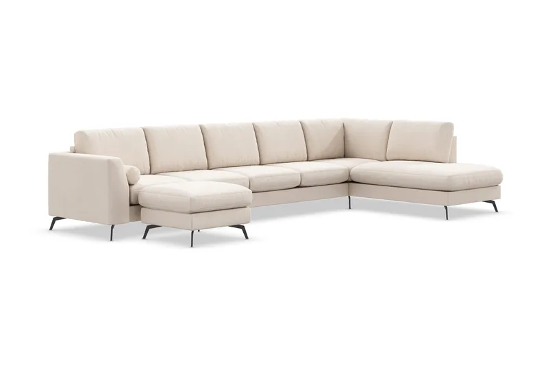 Ocean Lyx 6-seters Høyrevendt U-formet Sofa med Divan og Sjeselong + Fotskammel i Stoff - Beige - Møbler - Sofaer - U-sofa
