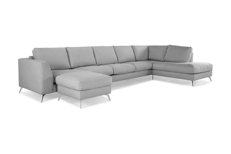 Ocean Lyx 6-seters Høyrevendt U-formet Sofa med Divan og Sjeselong + Fotskammel i Stoff - Grå - Møbler - Sofaer - U-sofa