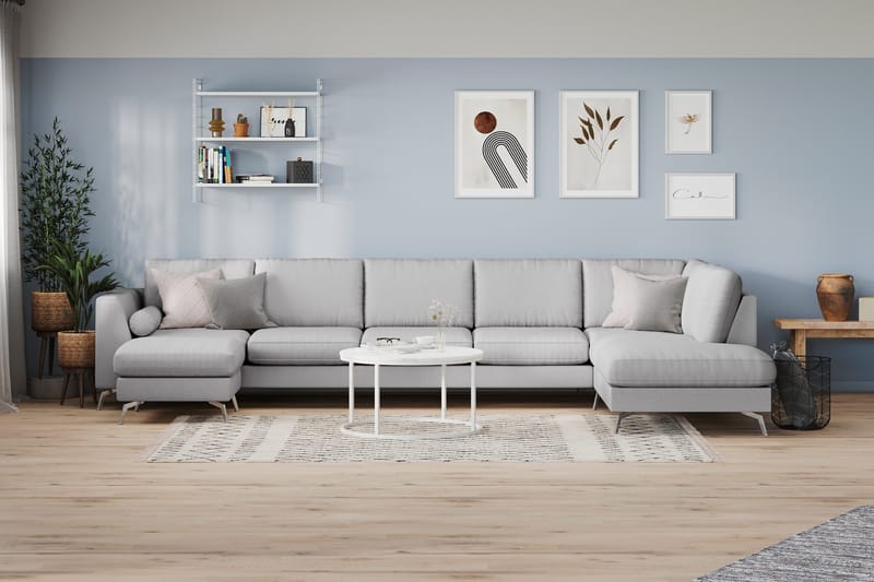 Ocean Lyx 6-seters Høyrevendt U-formet Sofa med Divan og Sjeselong + Fotskammel i Stoff - Grå - Møbler - Sofaer - U-sofa