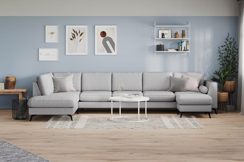 Ocean Lyx 6-seters Venstrevendt U-formet Sofa med Divan og Sjeselong + Fotskammel i Stoff - Grå - Møbler - Sofaer - U-sofa