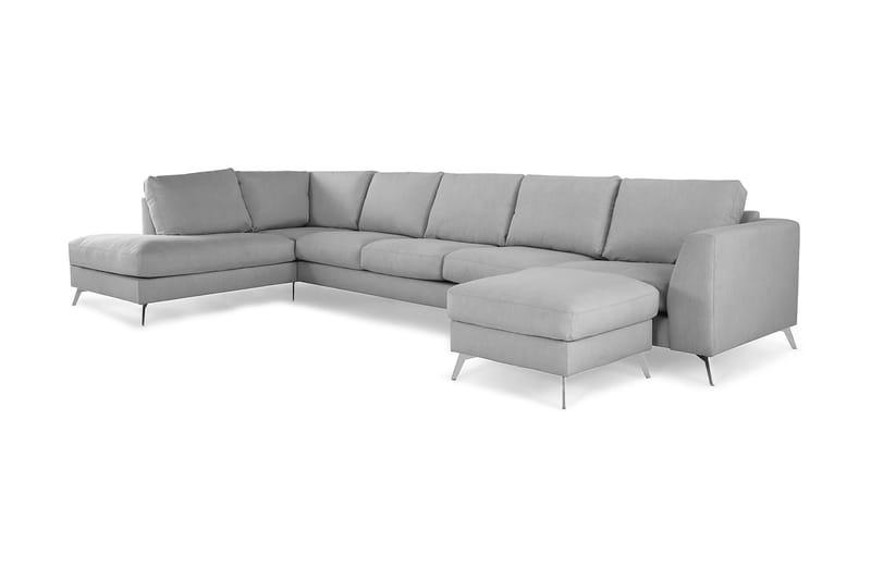 Ocean Lyx 6-seters Venstrevendt U-formet Sofa med Divan og Sjeselong + Fotskammel i Stoff - Grå - Møbler - Sofaer - U-sofa