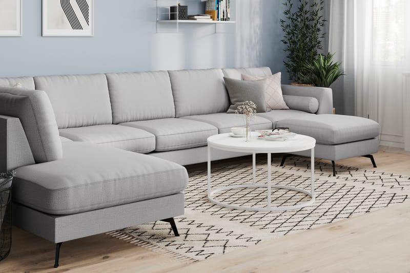 Ocean Lyx 6-seters Venstrevendt U-formet Sofa med Divan og Sjeselong + Fotskammel i Stoff - Grå - Møbler - Sofaer - U-sofa