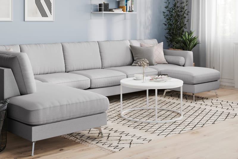 Ocean Lyx 6-seters Venstrevendt U-formet Sofa med Divan og Sjeselong + Fotskammel i Stoff - Grå - Møbler - Sofaer - U-sofa