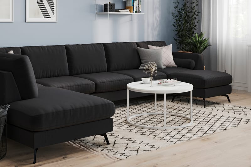 Ocean Lyx 6-seters Venstrevendt U-formet Sofa med Divan og Sjeselong + Fotskammel i Stoff - Svart - Møbler - Sofaer - U-sofa