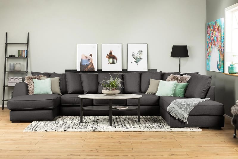 Optus 6-seters Høyrevendt U-formet Large Sofa med Divan og Sjeselong i Stoff inkl. Pynteputer - Mørk grå - Møbler - Sofaer - U-sofa