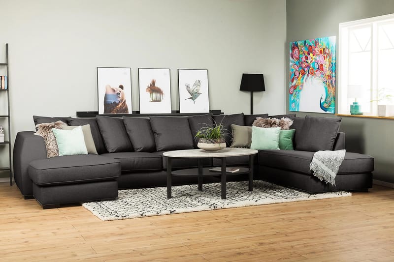 Optus 6-seters Høyrevendt U-formet Large Sofa med Divan og Sjeselong i Stoff inkl. Pynteputer - Mørk grå - Møbler - Sofaer - U-sofa