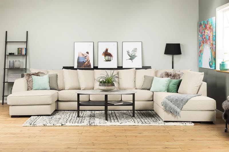 Optus 6-seters Høyrevendt U-formet Large Sofa med Divan og Sjeselong i Stoff inkl. Pynteputer - Beige - Møbler - Sofaer - U-sofa