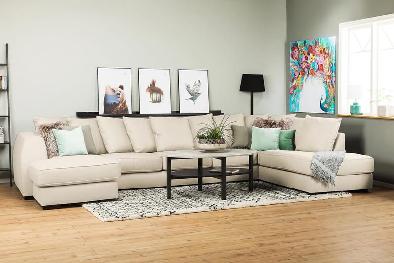 Optus 6-seters Høyrevendt U-formet Large Sofa med Divan og Sjeselong i Stoff inkl. Pynteputer - Beige - Møbler - Sofaer - U-sofa