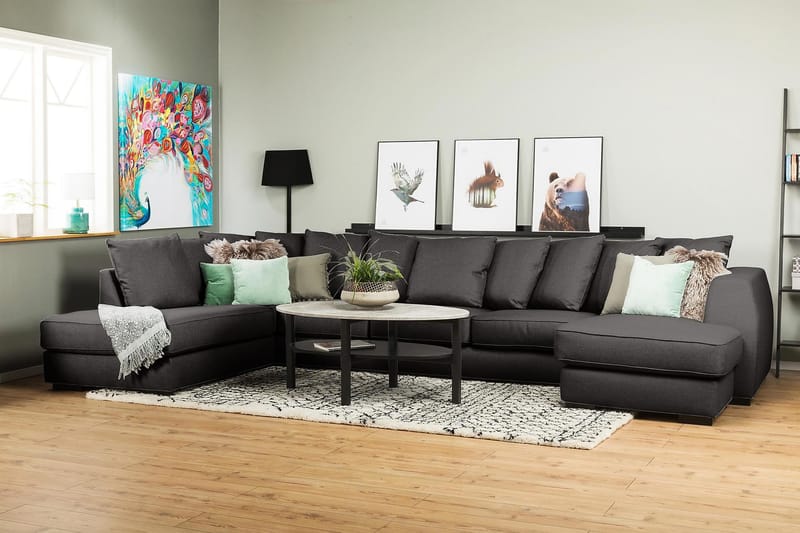 Optus 6-seters Venstrevendt U-formet Large Sofa med Divan og Sjeselong i Stoff inkl. Pynteputer - Mørk grå - Møbler - Sofaer - U-sofa