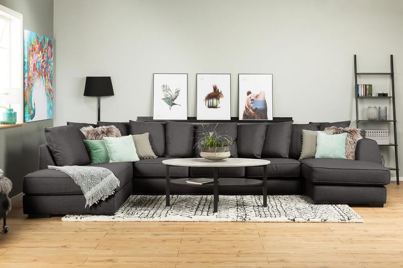Optus 6-seters Venstrevendt U-formet Large Sofa med Divan og Sjeselong i Stoff inkl. Pynteputer - Mørk grå - Møbler - Sofaer - U-sofa