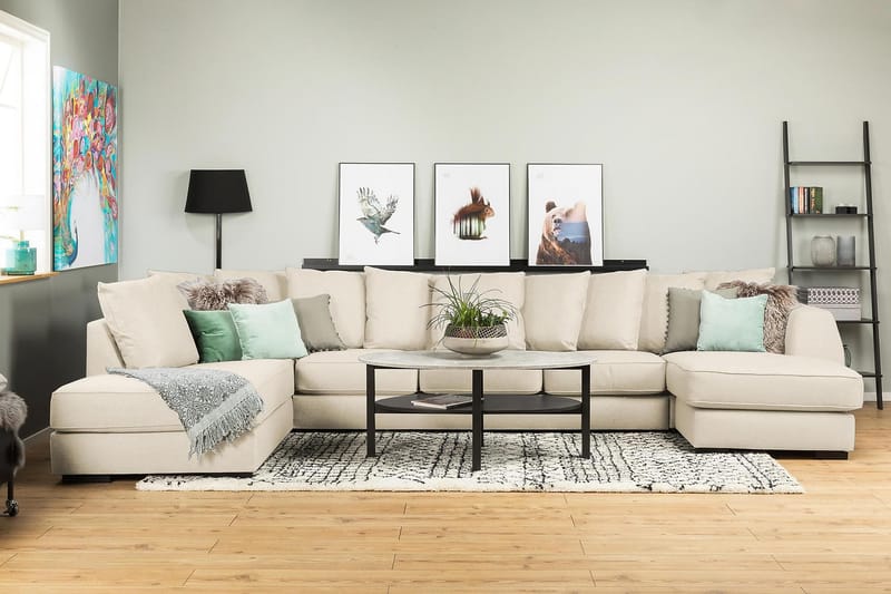 Optus 6-seters Venstrevendt U-formet Large Sofa med Divan og Sjeselong i Stoff inkl. Pynteputer - Beige - Møbler - Sofaer - U-sofa