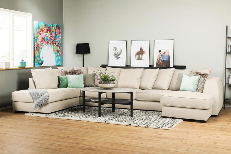 Optus 6-seters Venstrevendt U-formet Large Sofa med Divan og Sjeselong i Stoff inkl. Pynteputer - Beige - Møbler - Sofaer - U-sofa