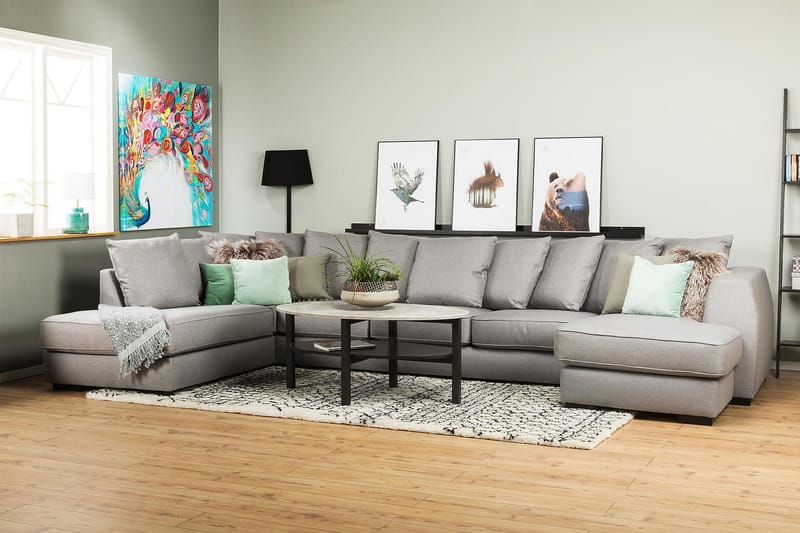 Optus 6-seters Venstrevendt U-formet Large Sofa med Divan og Sjeselong i Stoff inkl. Pynteputer - Lys grå - Møbler - Sofaer - U-sofa