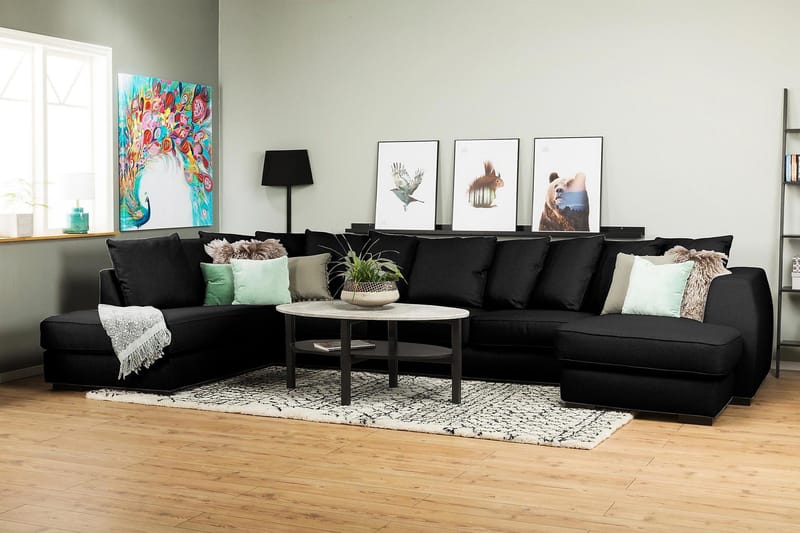 Optus 6-seters Venstrevendt U-formet Large Sofa med Divan og Sjeselong i Stoff inkl. Pynteputer - Svart - Møbler - Sofaer - U-sofa