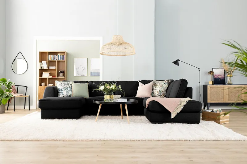 Optus 6-seters Venstrevendt U-formet Large Sofa med Divan og Sjeselong i Stoff - Svart - Møbler - Sofaer - U-sofa