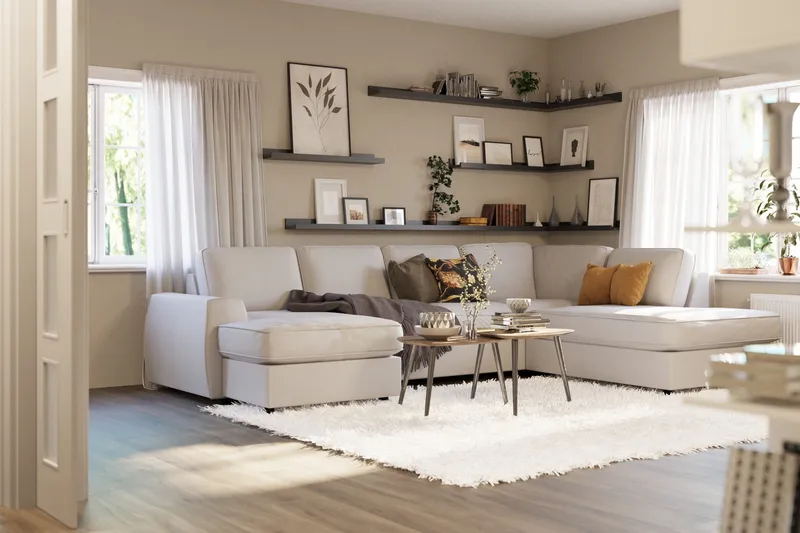 Optus Lyx 4-seters Høyrevendt U-formet Sofa med Divan og Sjeselong i Stoff - Lys grå - Møbler - Sofaer - U-sofa