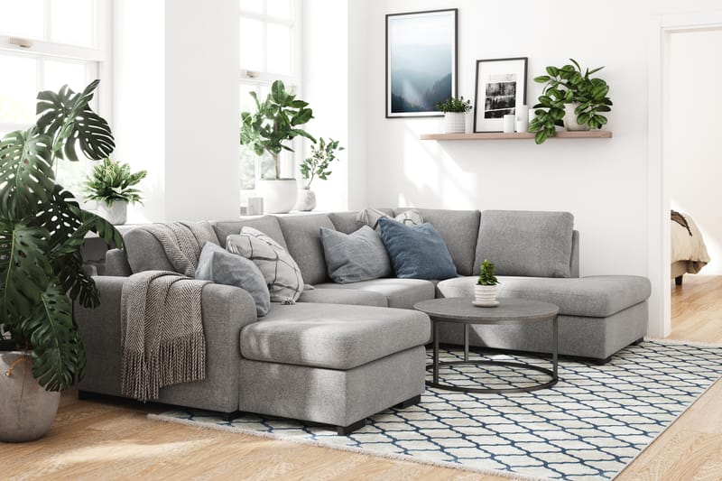Porto 4-seters Høyrevendt U-formet Sofa med Divan og Sjeselong i Stoff - Lys grå - Møbler - Sofaer - U-sofa