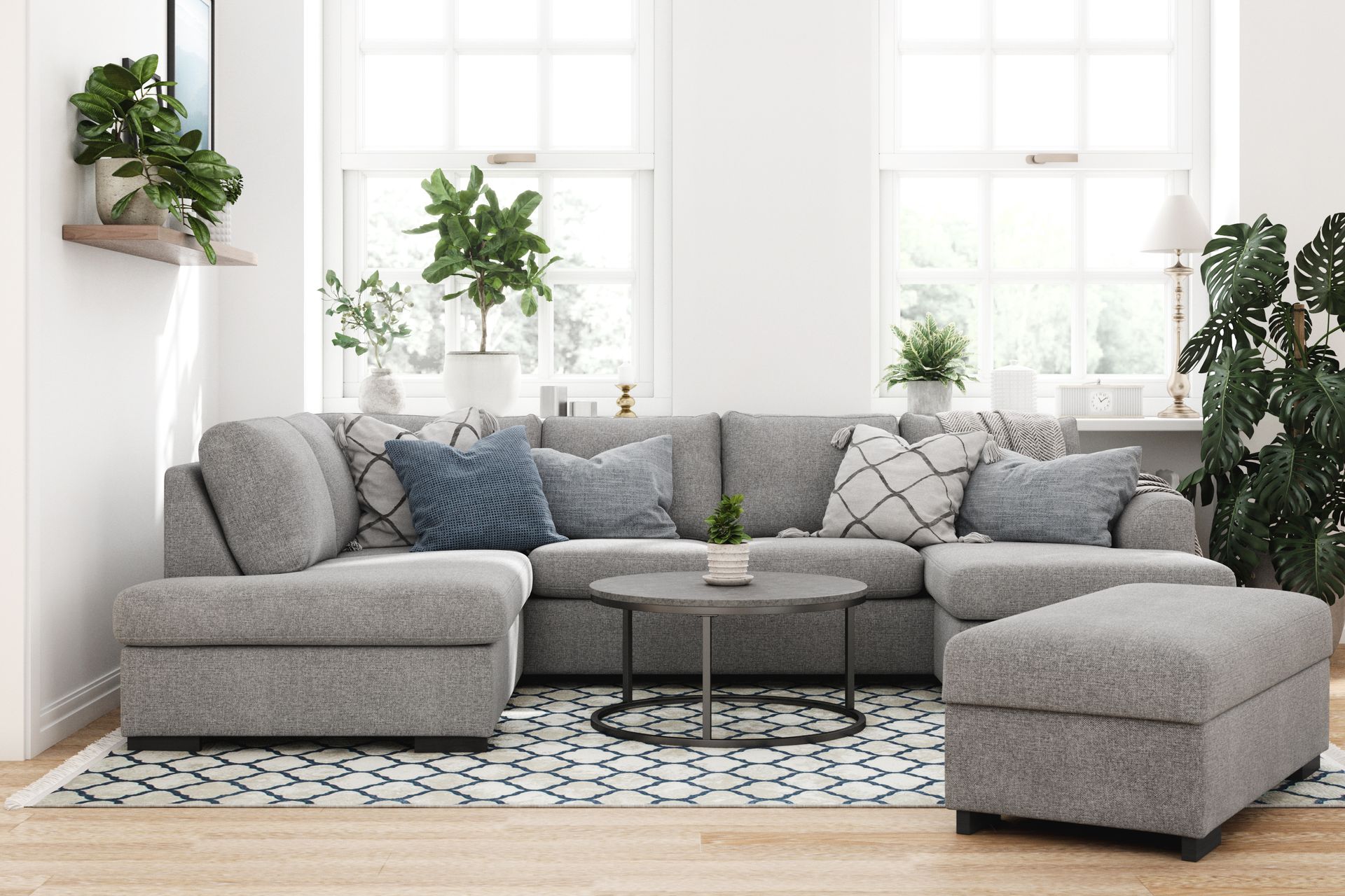 Porto 4-seters Venstrevendt U-formet Sofa med Divan og Sjeselong + Fotskammel i Stoff - Grå - Møbler - Sofaer - U-sofa