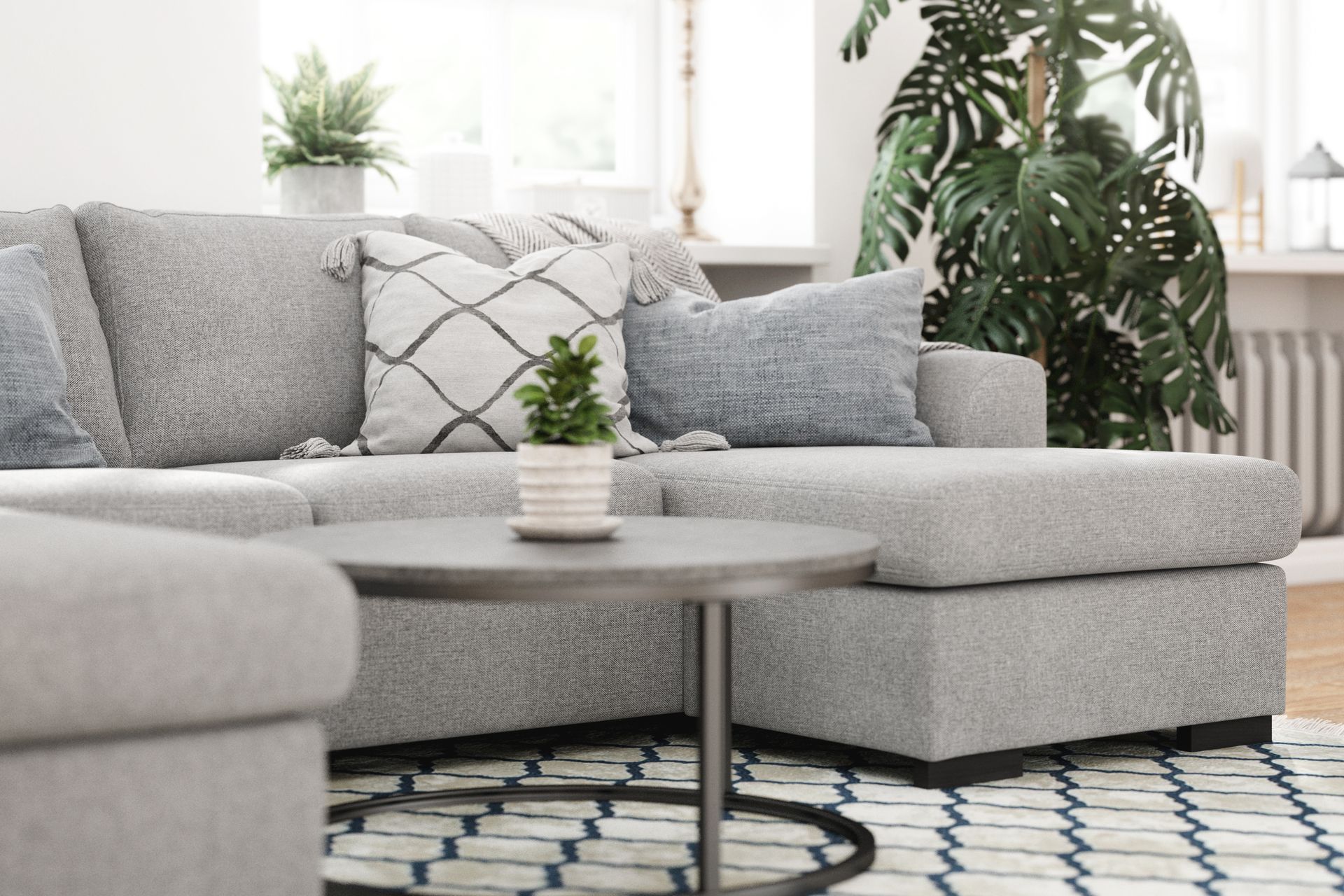 Porto 4-seters Venstrevendt U-formet Sofa med Divan og Sjeselong + Fotskammel i Stoff - Grå - Møbler - Sofaer - U-sofa