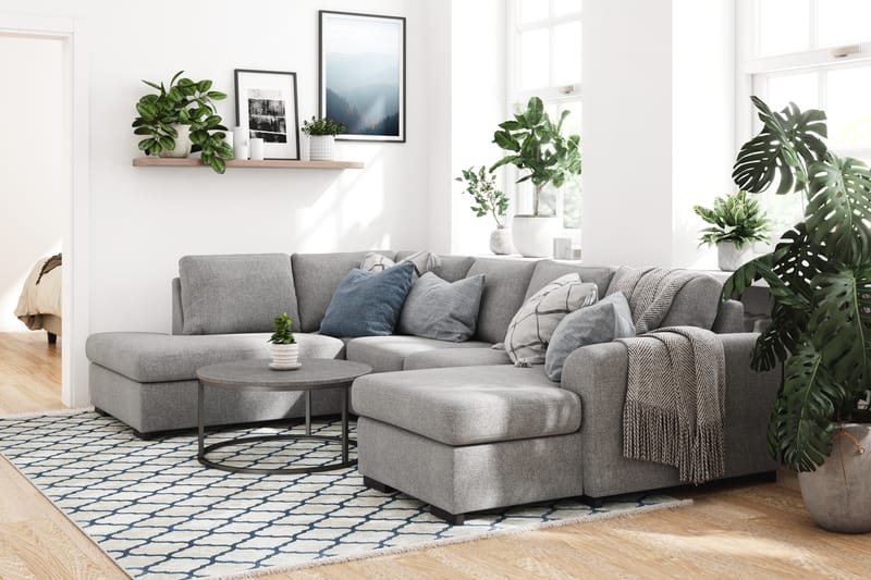 Porto 4-seters Venstrevendt U-formet Sofa med Divan og Sjeselong i Stoff - Grå - Møbler - Sofaer - U-sofa