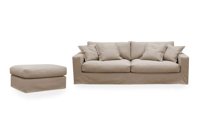 Valencia Extra Dyp 3-seters sofa + fotskammel med avtakbart og vaskbart trekk - Lysebrun - Møbler - Sofaer - Sofagrupper