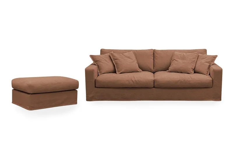 Valencia Extra Dyp 3-seters sofa + fotskammel med avtakbart og vaskbart trekk, Rødbrun