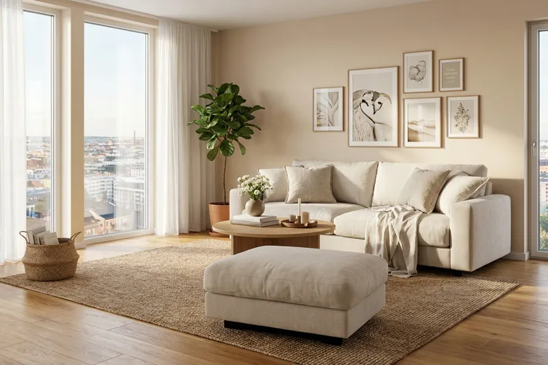 Valencia sofagruppe ekstra dyp 3-seters sofa + fotskammel i chenille - Beige - Møbler - Sofaer - Hjørnesofa
