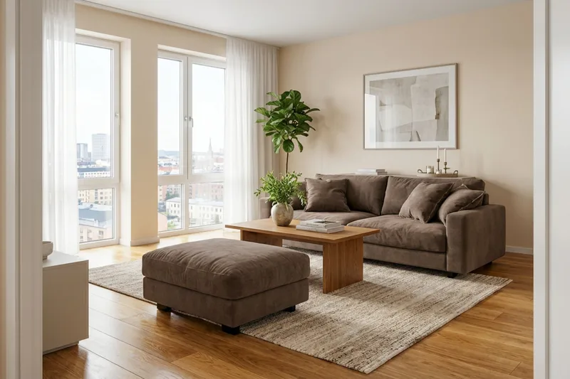 Valencia sofagruppe ekstra dyp 3-seters sofa + fotskammel i chenille - Mørkbrun - Møbler - Sofaer - Hjørnesofa