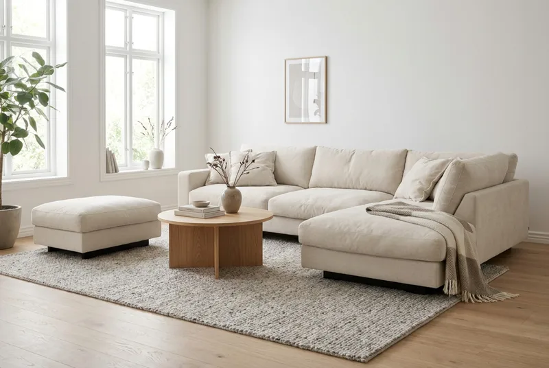 Valencia Sofagruppe Ekstra Dyp 4-seters Sjeselong Høyre + Fotskammel - Beige - Møbler - Sofaer - Sofagrupper