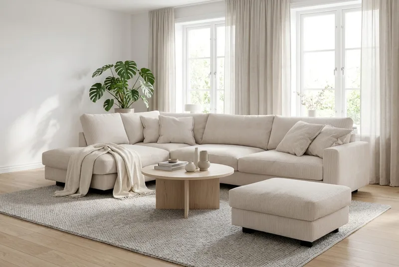 Valencia Sofagruppe Ekstra Dyp 4-seters Sjeselong Venstre + Fotskammel - Offwhite - Møbler - Sofaer - Sofagrupper