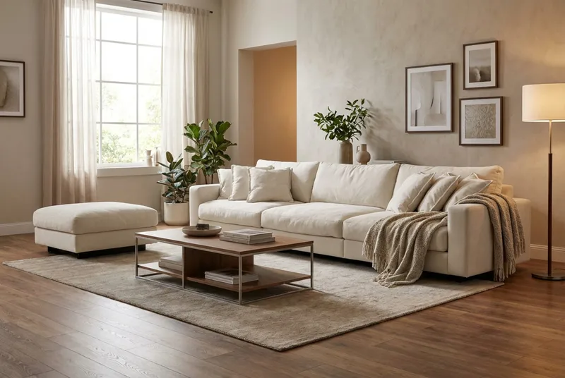 Valencia sofagruppe ekstra dyp 5-seters sofa + fotskammel i chenille - Beige - Møbler - Sofaer - Hjørnesofa