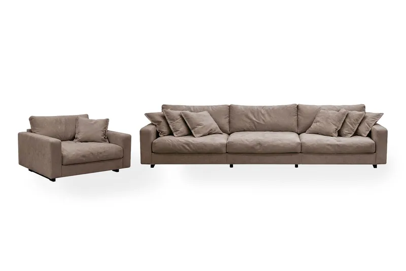 Valencia sofagruppe ekstra dyp 5-seters sofa + lenestol i chenille, Mørkbrun