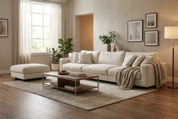 Valencia sofagruppe ekstra dyp 5-seters sofa + fotskammel i chenille - Beige - Møbler - Sofaer - Hjørnesofa