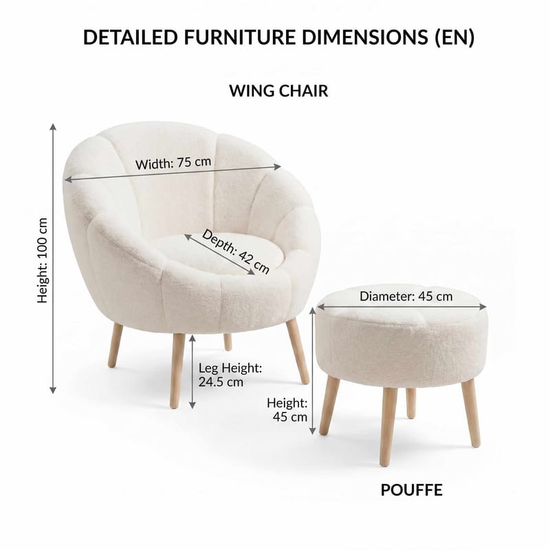 Ørelappstol- og puffesett (2 deler) Atelier Del Sofa Lida (75 x 100 x 42 cm) Hvit - Møbler - Stoler & lenestoler - Lenestoler
