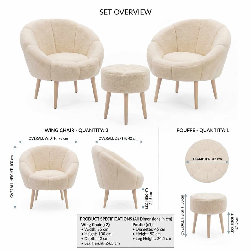 Ørelappstol- og puffsett (3 deler) Atelier Del Sofa Lida Wellsoft (75 x 100 x 42 cm) Krem - Møbler - Stoler & lenestoler - Lenestoler