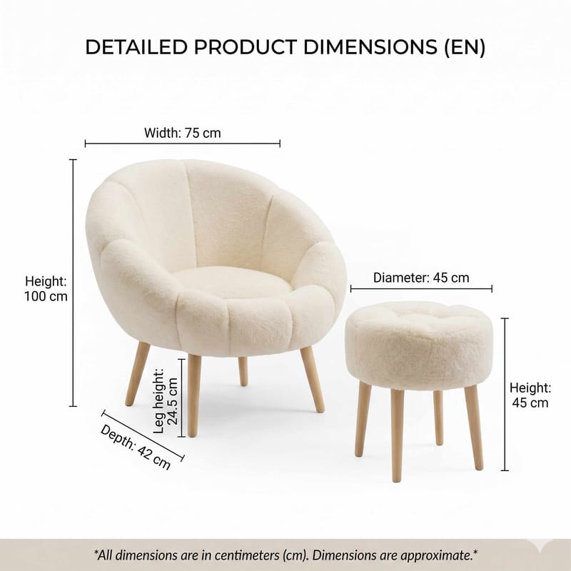 Ørelappstol- og puffesett (2 deler) Atelier Del Sofa Lida (75 x 100 x 42 cm) Krem - Møbler - Stoler & lenestoler - Lenestoler